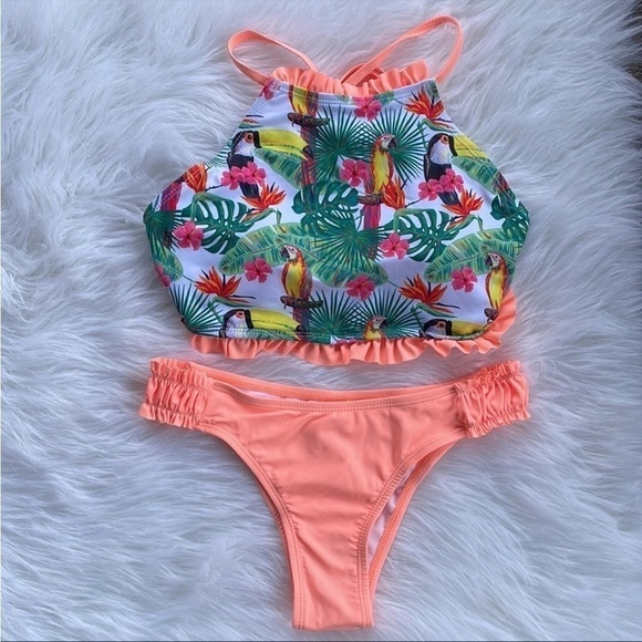 Bikini Swimsuit Tropical Print Palms Bird Hibiscus Floral Flower NEW Size Medium - Picture 3 of 6